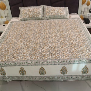 King Size Bedsheet | Double Bedsheet | Hand Block Motif Print Queen Pure Cotton Bedsheet Bed Cover Boho Soft Bedsheet
