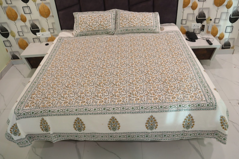 King Size Bedsheet | Double Bedsheet | Hand Block Motif Print Queen Pure Cotton Bedsheet Bed Cover Boho Soft Bedsheet