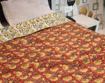 Floral Cotton Quilt, Boho Reversible Jaipuri Razai, Hand Block Printed Vintage Bedspread, Farmhouse Coverlet