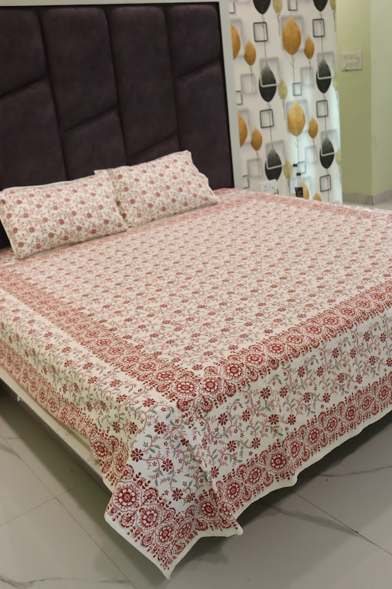 Hand Block Print Bedsheet with Pillow Covers, Organic Cotton Floral Bedspread