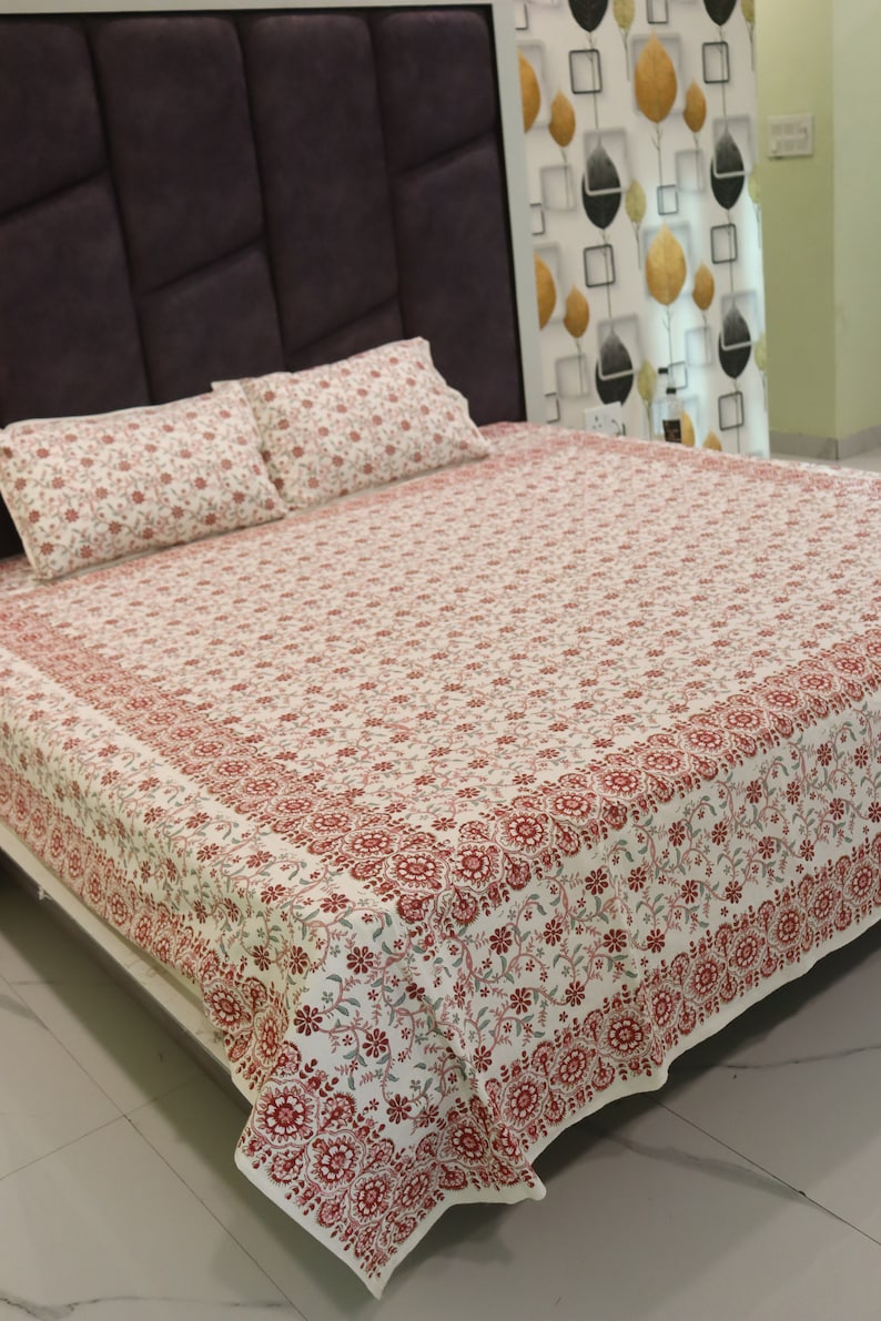 Hand Printed Bedsheet, Block Print Bedsheet With 2 Pillow Covers Flower Print Design Soft and Comfy Bedspread Home decor Bedroom-decor