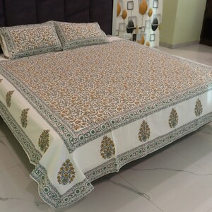 King Size Bedsheet | Double Bedsheet | Hand Block Motif Print Queen Pure Cotton Bedsheet Bed Cover Boho Soft Bedsheet