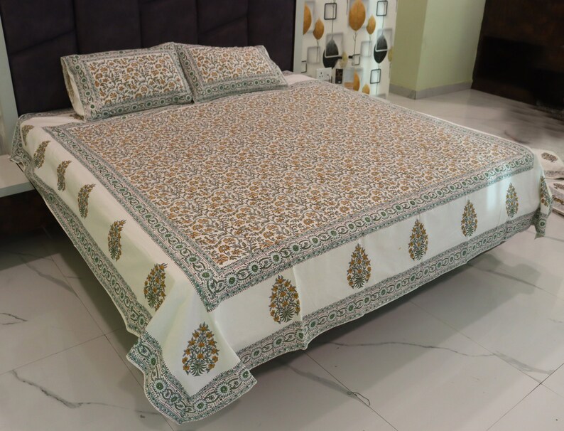 King Size Bedsheet | Double Bedsheet | Hand Block Motif Print Queen Pure Cotton Bedsheet Bed Cover Boho Soft Bedsheet