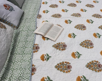 Hand Block Print Cotton Quilt: Reversible Floral Razai Blanket