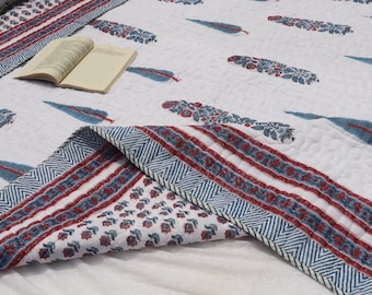 White Blue Cypress Tree Cotton Quilt, Hand Block Printed Kantha Razai Floral Border