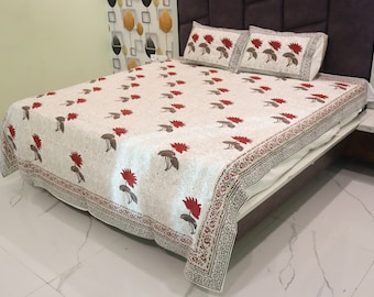 Hand Block Print Cotton Bed Sheet Set: King/Queen Size Indian Bedding