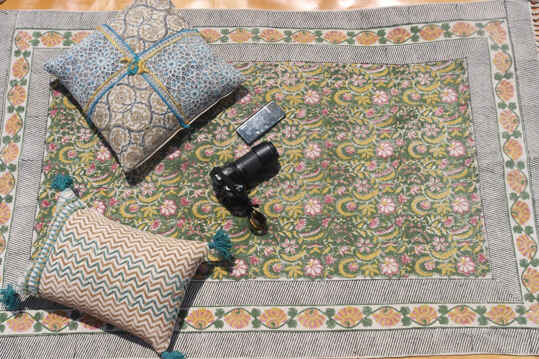 Hand Block Print Cotton Dhurrie Rug – Vintage Floral Flatweave Carpet ...
