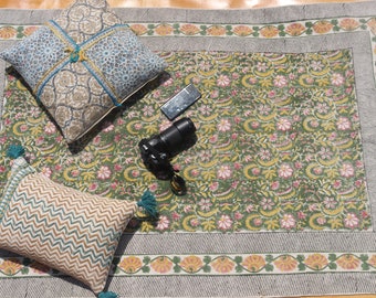 Hand Block Print Cotton Dhurrie Rug – Vintage Floral Flatweave Carpet, 4x6 ft