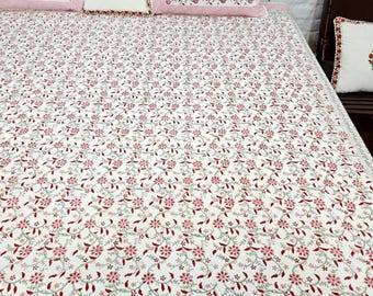 White Red Floral Cotton Bedsheet, Indian Hand Block Printed Botanical Bedding, Cottagecore Decor
