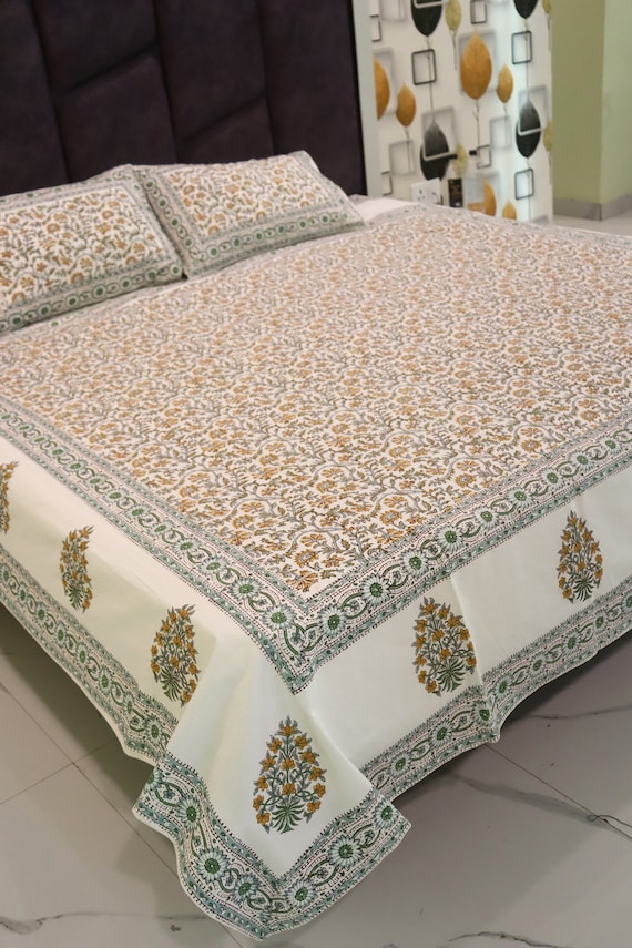 Hand Block Print Cotton Bedsheet – Handmade Jaipuri Floral Set with Pillow Covers