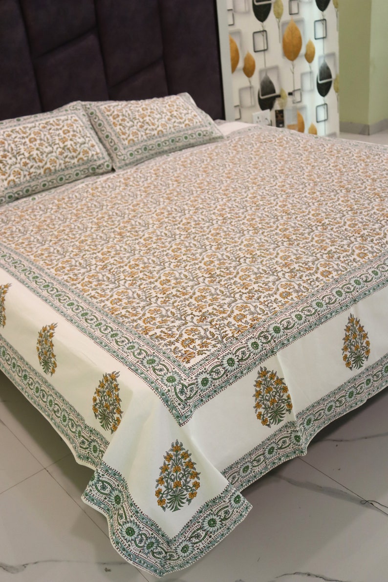 King Size Bedsheet | Double Bedsheet | Hand Block Motif Print Queen Pure Cotton Bedsheet Bed Cover Boho Soft Bedsheet