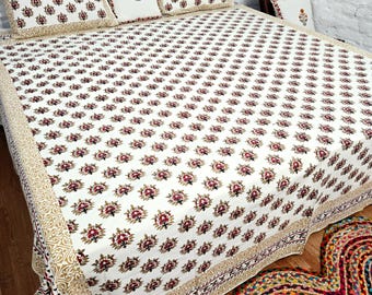 Block Printed Flat Fitted Bed Sheet, King Queen Size Cotton Bedding Set with Pillowcases