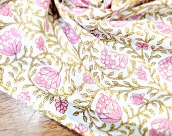 Tecido de Algodão Floral Rosa com Estampa Indiana em Bloco Feita à Mão por Jarda para Costura e Decoração