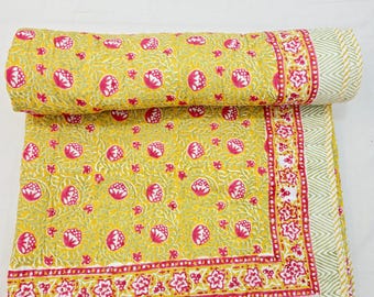 Rani Pink Lotus Floral Hand Block Print Quilt Grandmillennial Style Bedroom Colorful Summer Blanket