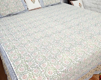 Fitted Cotton Bedsheet with Pillow Covers Peach Green Floral Cotton Sheet Boho Home Decor