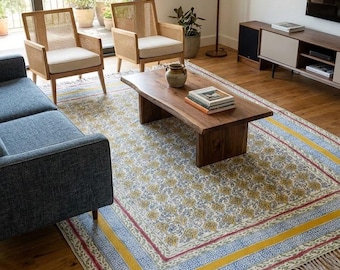 Rustic Block Printed Rug  Durable Flat Weave Decorative Floor Covering