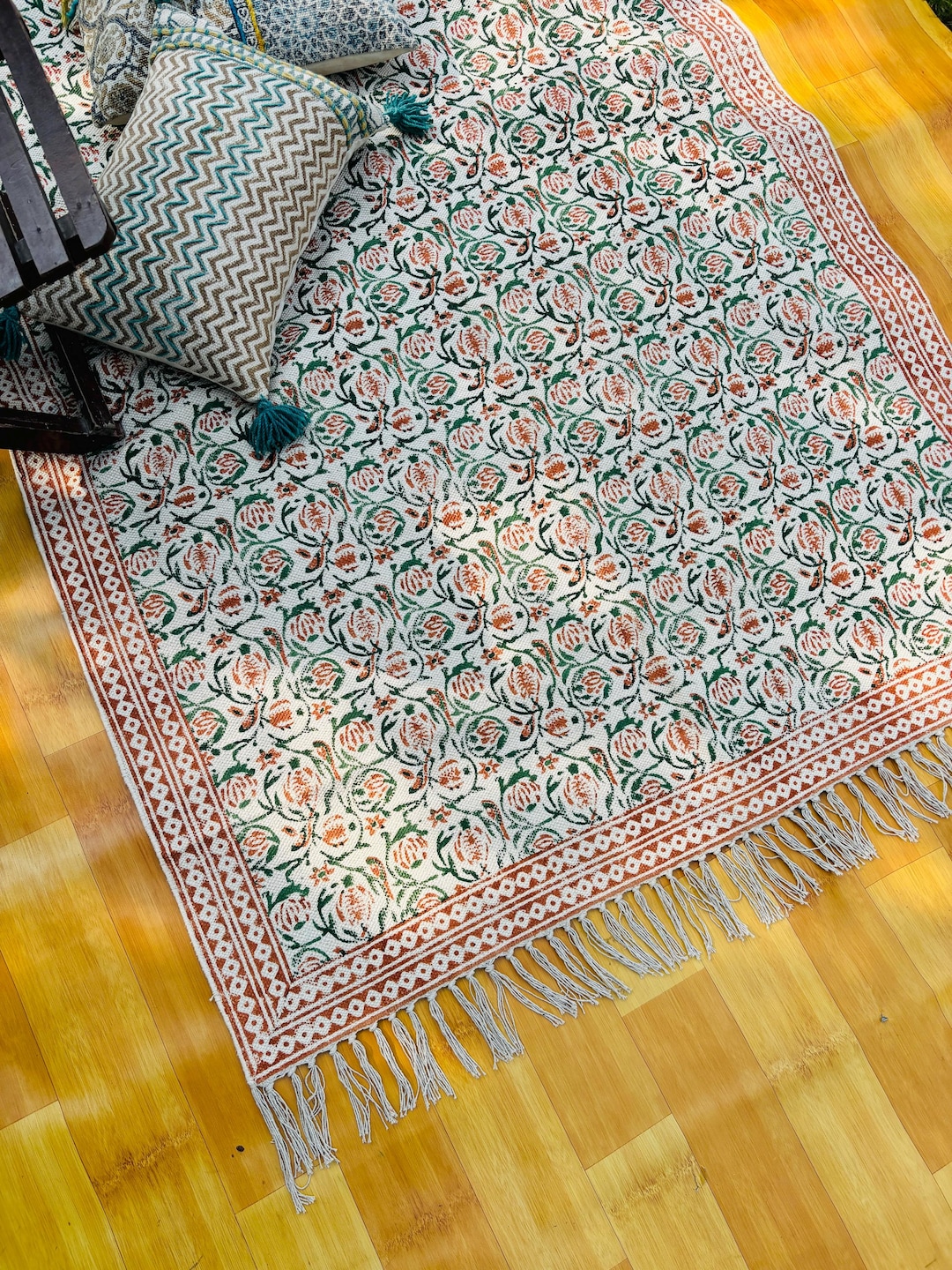 Durries Rugs Floral Block Print Cotton Dhurrie Rug – Handwoven Kilim Style - Etsy