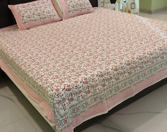 Hand Block Print Cotton Bed Sheet: King/Queen Size Indian Bedspread