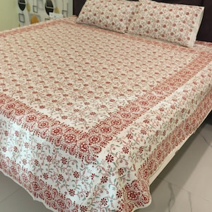Hand Printed Bedsheet, Block Print Bedsheet With 2 Pillow Covers Flower Print Design Soft and Comfy Bedspread Home decor Bedroom-decor