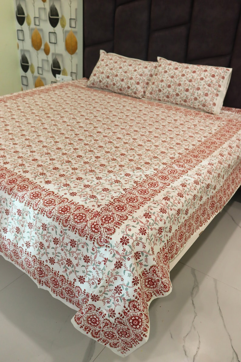 Hand Printed Bedsheet, Block Print Bedsheet With 2 Pillow Covers Flower Print Design Soft and Comfy Bedspread Home decor Bedroom-decor
