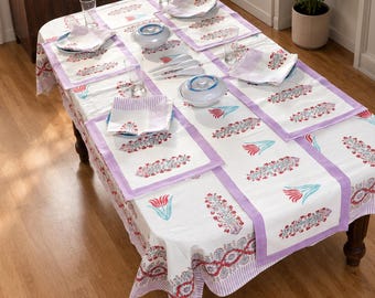 Modern Handblock Print Table Linen Set | Red Green Floral with Solid Purple Border
