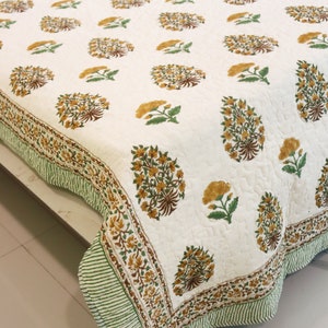 Quilted Bedding Bedspread, Cotton Quilt, Handmade Bedcover, Organic Dye Reversile Hand Stitched Cotton Filling Kantha Soft AC Blanket,