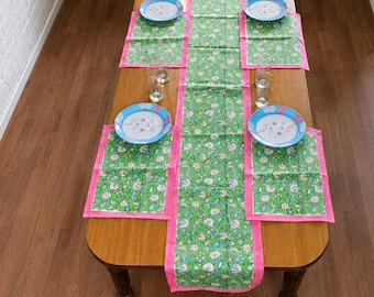 Boho patchwork table runner with placemats pink border tablecloth for Kitchen, Dining, Farmhouse decor