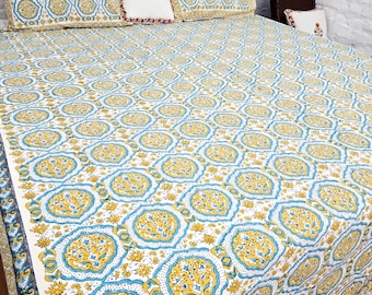 Indian Hand Block Printed Fitted bedspread Blue Yellow Boho Floral Cotton Jaipuri Bedsheet