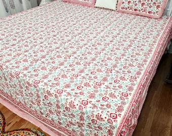 Modern Pink Block Printed Cotton Fitted Bedspread Natural Boho Sheet For Bedroom Queen Size