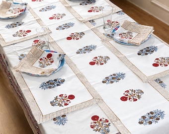 Mustard Buta Block Print Tablecloth Set | Floral Napkins, Table Runner