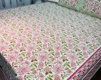 Lenzuolo in Cotone con Stampa Block Print – Set Floreale Jaipuri Fatto a Mano con Federe