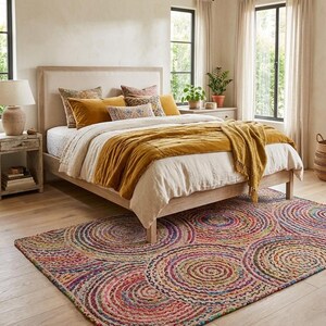 May include: A rectangular area rug featuring a repeating pattern of concentric circles in vibrant multi-coloured tones of red, blue, yellow, and green, placed on a light wood floor in a bedroom with a bed, nightstand, and table lamp.