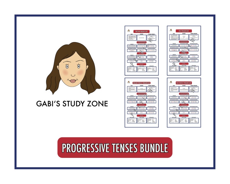 Pu&ograve; includere: Un pacchetto di quattro tabelle stampabili per imparare la grammatica inglese. Le tabelle sono intitolate "Presente progressivo", "Passato progressivo", "Presente perfetto progressivo" e "Passato perfetto progressivo". Le tabelle sono in uno schema di colori rosso, bianco e blu. Il testo "GABI'S STUDY ZONE" e "PROGRESSIVE TENSES BUNDLE" sono anche inclusi nell'immagine.