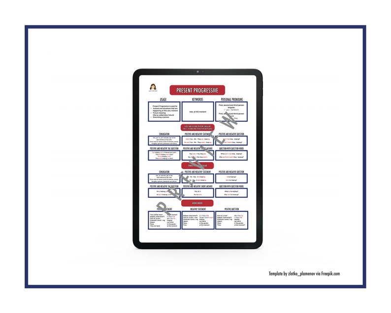 Pu&ograve; includere: Uno schermo di tablet digitale che mostra un grafico rosso e bianco con il titolo "Present Progressive". Il grafico include informazioni sul presente progressivo nella grammatica inglese, tra cui l'uso, le parole chiave, la coniugazione e i pronomi personali.