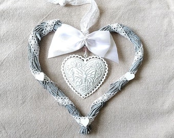 Coeur double à suspendre gris et blanc 20 cm
