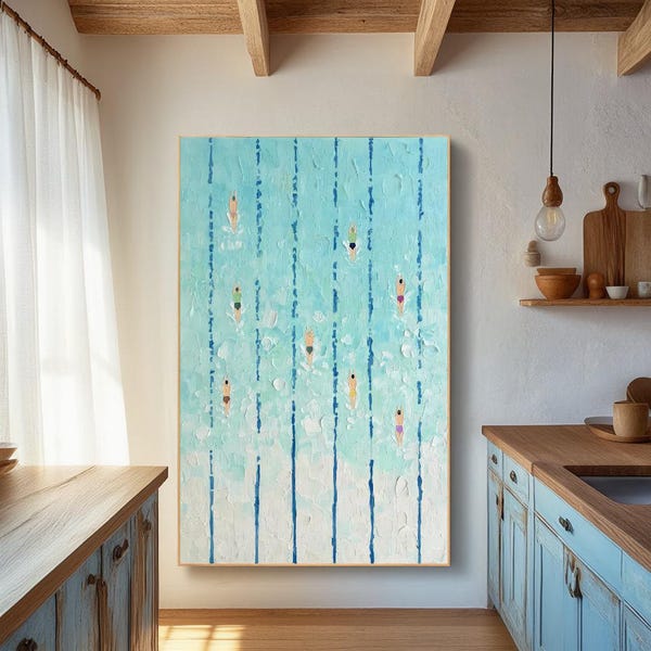 Konsttryck med simning, abstrakt poolposter, väggdekor med luftig simning, minimalistisk blå digital nedladdning