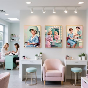 May include: A beauty salon interior with three framed vintage-style illustrations depicting women at various stages of beauty treatments. The salon features white desks, pink chairs, and a light blue manicure station. The overall aesthetic is retro and feminine.