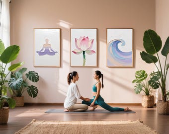 Yoga Poster Set, Abstract Mindfulness Wall Art, Lotus Wave Prints, Meditation Room Decor
