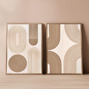 Minimalist Boho Wall Art: Abstract Beige Line Prints (Set of 2) (Digital Download)