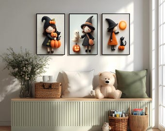 Halloween Wall Art Set of 3 Felt Doll Prints Witch Pumpkin Ghost Nursery Decor