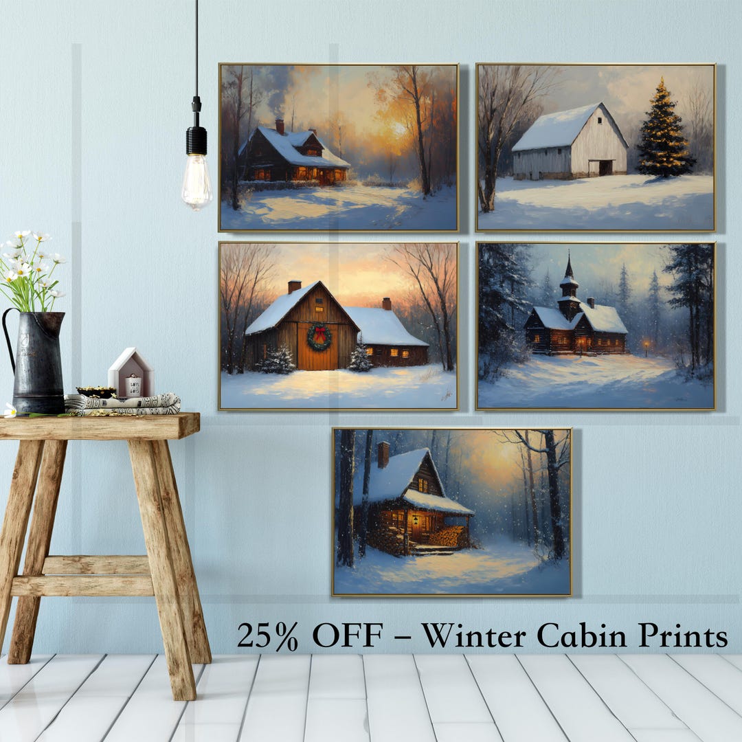 Winter Wall Art Set Rustic Cabin Prints Snowy Landscape Cozy Farmhouse ...