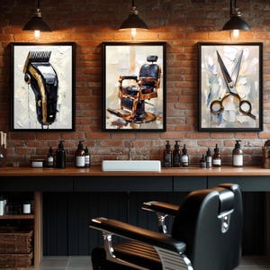 Digital väggkonst för barberare, 3-set | Dekor för frisörsalong | Konst med barberstol, klippmaskin och sax i vintagestil, unik present till barberare
