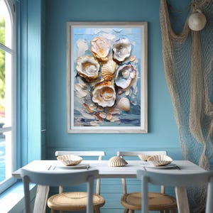 Ocean Harvest – Stampa artistica astratta di ostriche, decorazione murale per cucina in stile costiero, decorazione murale per casa al mare, opera d&#39;arte moderna con ostriche costiere