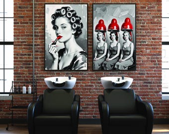Hair Salon Wall Art Set, Black White Red Beauty Posters, Impasto Style Decor