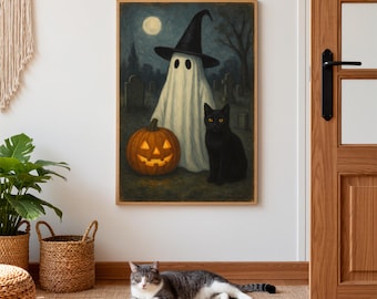 Halloween Wall Art, Vintage Ghost Black Cat Pumpkin Poster, Spooky Fall Decor