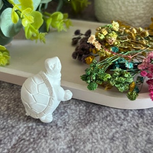 May include: White ceramic turtle figurine with a detailed shell and a textured surface. The turtle is standing on a white tray with dried flowers.