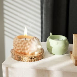 May include: Two ceramic candles, one shaped like a hedgehog and the other like a fish, are lit and sitting on wooden bases. The hedgehog candle is a light brown colour and the fish candle is a light green colour.