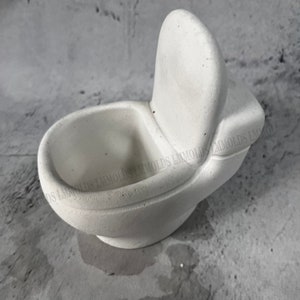May include: White ceramic toilet shaped planter with a raised seat. The planter is designed to hold small plants or succulents.