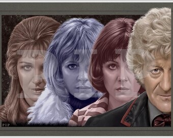 Doctor Who Print - Companions of the Third | A4 (297mm x 210mm) | 3rd Doctor | Jon Pertwee | Sarah Jane Smith | Jo Grant | Liz Shaw