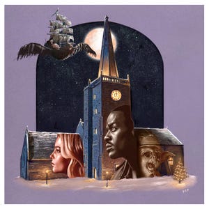 May include: A dark, snowy scene with a tall church building in the centre. A flying ship with a large wingspan is in the top left corner. A woman with blonde hair and a man with dark skin are standing in front of the church. A small creature with large ears and a green hat is in the bottom right corner.